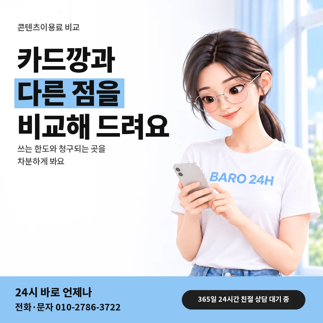 BARO 24H 티셔츠를 입은 3D 인물 옆에 「카드깡과 다른 점 알아보기」 제목을 얹은 안내 카드