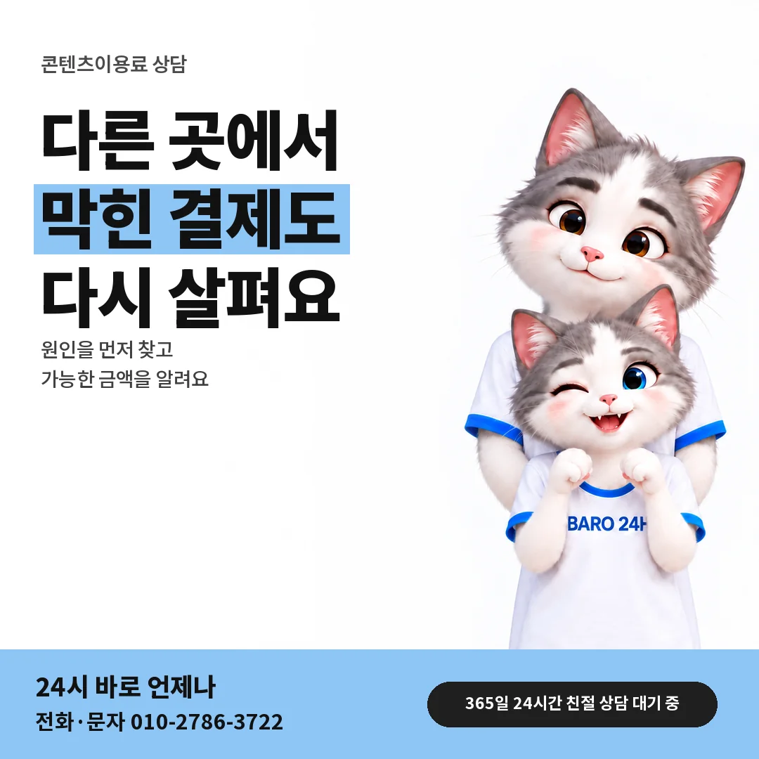 BARO 24H 티셔츠를 입은 3D 동물 캐릭터 옆에 「다른 곳 거절 뒤 상담」 제목을 얹은 안내 카드